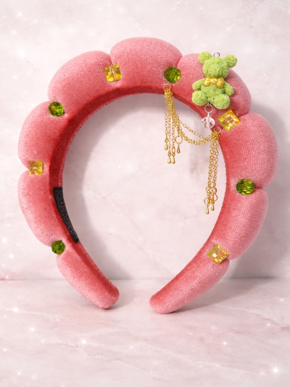 Pink velvet bubble headband teddy bears charm gold chain